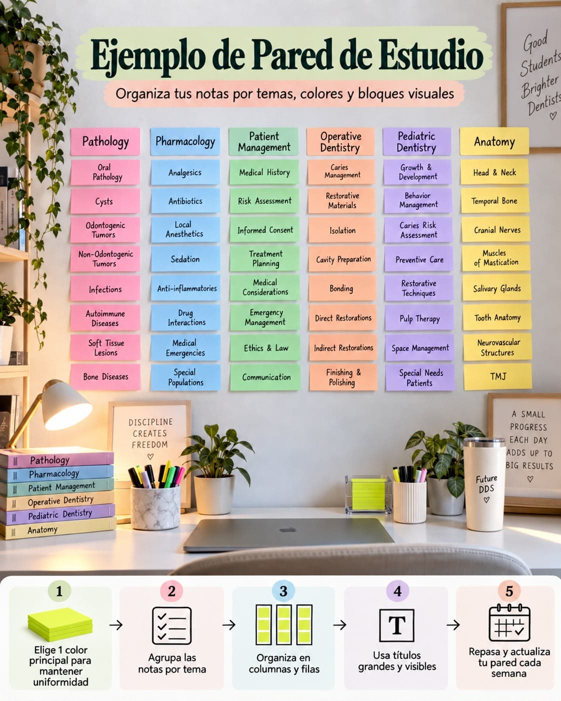 Ejemplo de pared de estudio: seis columnas de notas de colores, una por materia — Pathology, Pharmacology, Patient Management, Operative Dentistry, Pediatric Dentistry y Anatomy — con ocho temas cada una, y los cinco pasos del método al pie.